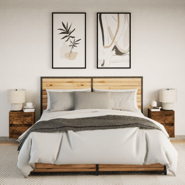 Mesitas de noche de pared con luces LED 2 uds roble ahumado M 4