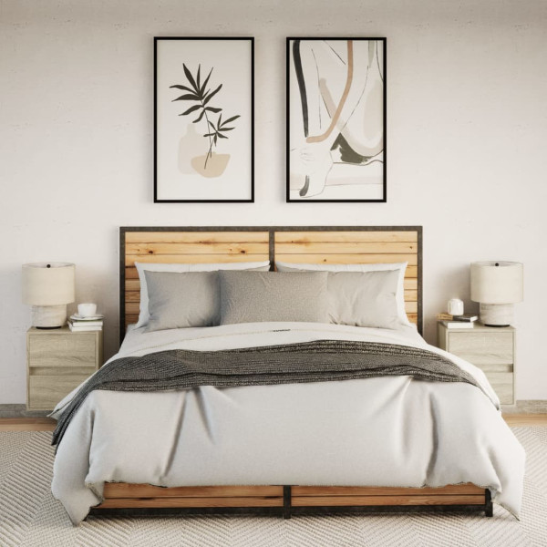 Mesitas de noche de pared con luces LED 2 unidades roble Sonoma M 4