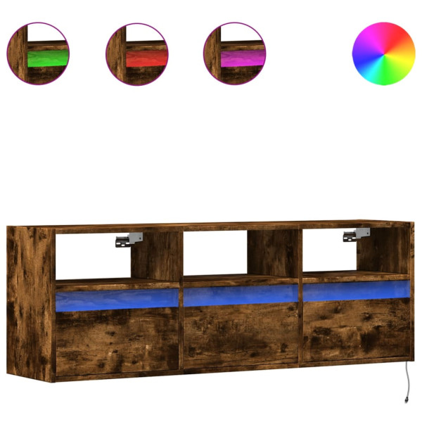 Mueble de TV de pared con luces LED roble ahumado 130x31x45 cm M 2