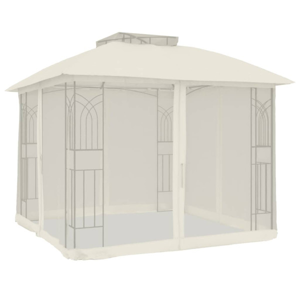 Gazebo c/ teto duplo/paredes de malha 2.94x2.94 m aço creme M 2