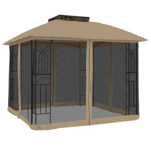 Gazebo c/ teto duplo/paredes de malha aço cinzento-acastanhado H