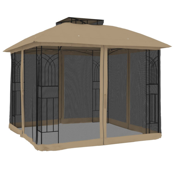 Gazebo c/ teto duplo/paredes de malha aço cinzento-acastanhado M 2