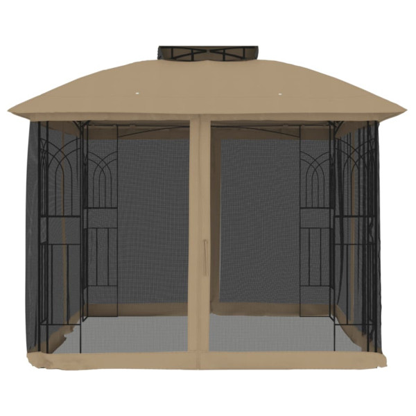Gazebo c/ teto duplo/paredes de malha aço cinzento-acastanhado M 3