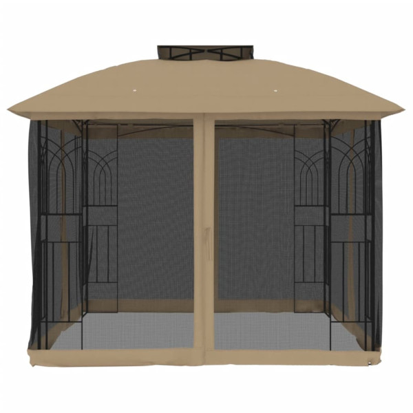 Gazebo c/ teto duplo/paredes de malha aço cinzento-acastanhado M 4