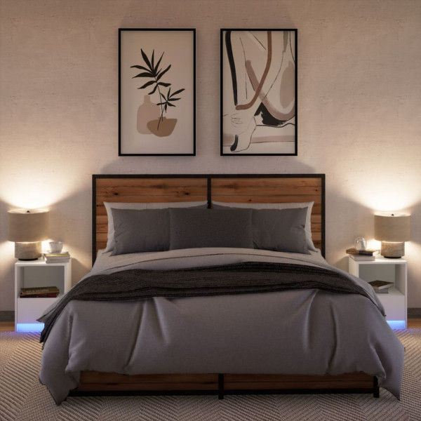 Mesas de cabeceira c/ luzes LED 2 pcs derivados madeira branco M 5
