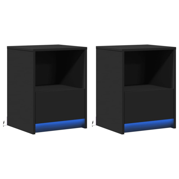 Mesas de cabeceira c/ luzes LED 2 pcs derivados madeira preto M 3