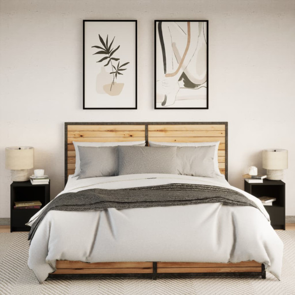 Mesas de cabeceira c/ luzes LED 2 pcs derivados madeira preto M 4