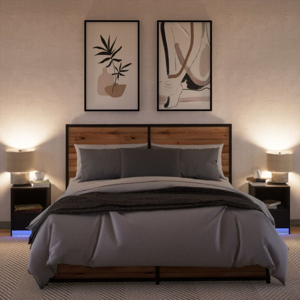 Mesas de cabeceira c/ luzes LED 2 pcs derivados madeira preto M 5