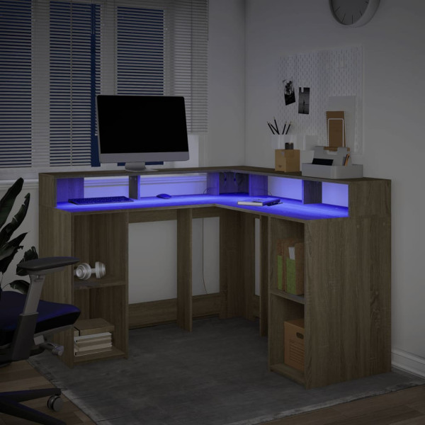Escritorio con LED madera ingeniería roble Sonoma 130x130x91 cm M 5