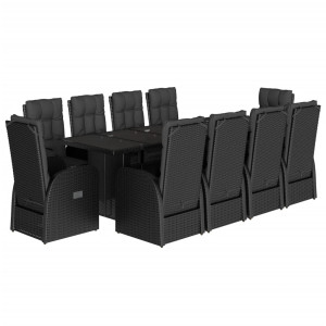Set de comedor jardín 11 pzas con cojines ratán sintético negro H
