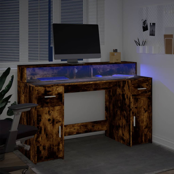 Escritorio con LED madera ingeniería roble ahumado 140x55x91 cm M 5