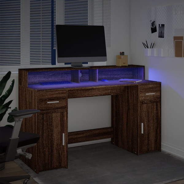Escritorio con LED madera ingeniería marrón roble 140x55x91 cm M 5