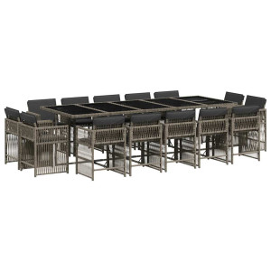 15 pcs conjunto jantar p/ jardim c/ almofadões vime PE cinzento H