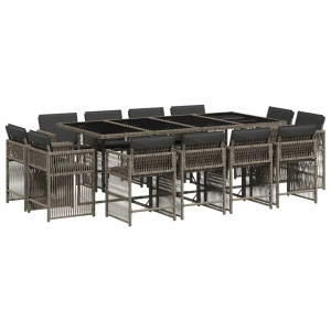 Set comedor de jardín con cojines 13 pzas ratán sintético gris H