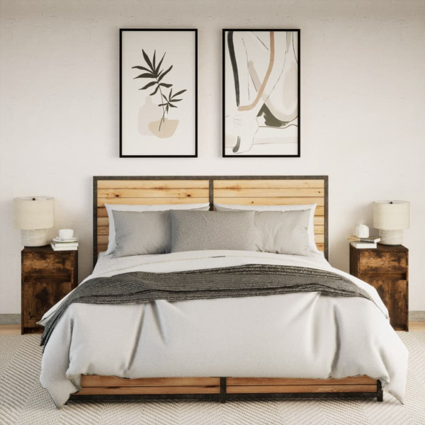 Mesita de noche luces LED 2 uds madera ingeniería roble ahumado M 5