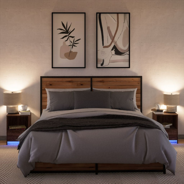 Mesas cabeceira LEDs 2 pcs derivados madeira carvalho castanho M 5