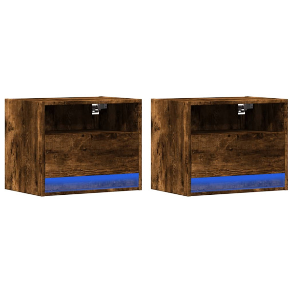 Mesitas de noche de pared con luces LED 2 uds roble ahumado M 3