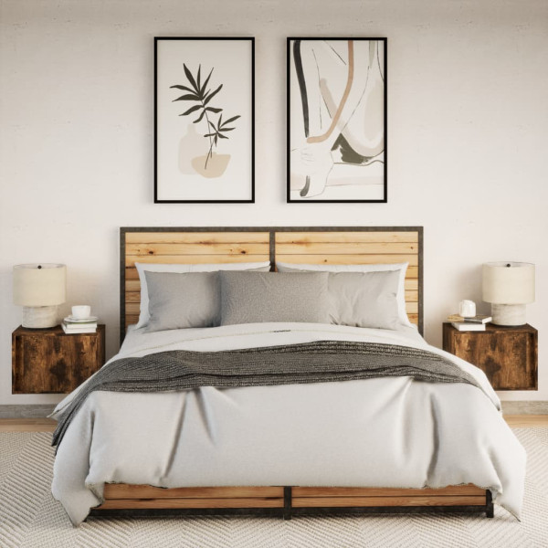 Mesitas de noche de pared con luces LED 2 uds roble ahumado M 4
