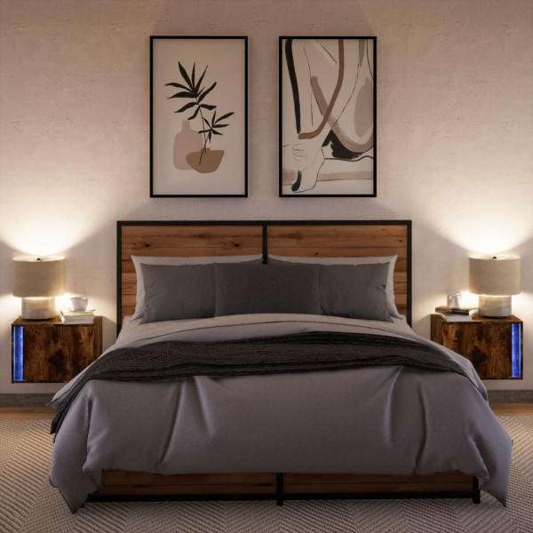 Mesas de cabeceira de parede com luzes LED 2pcs carvalho fumado M 5