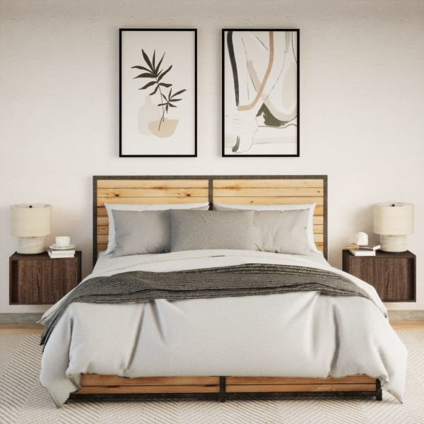 Mesitas de noche de pared con luces LED 2 unidades roble marrón M 4