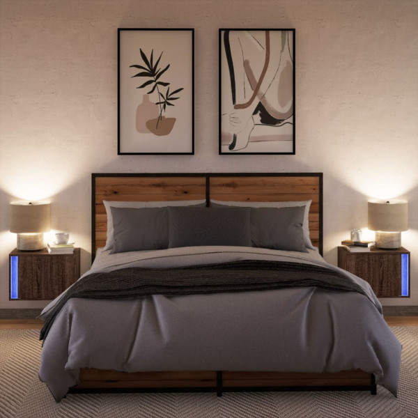 Mesas cabeceira de parede c/ luzes LED 2 pcs carvalho castanho M 5