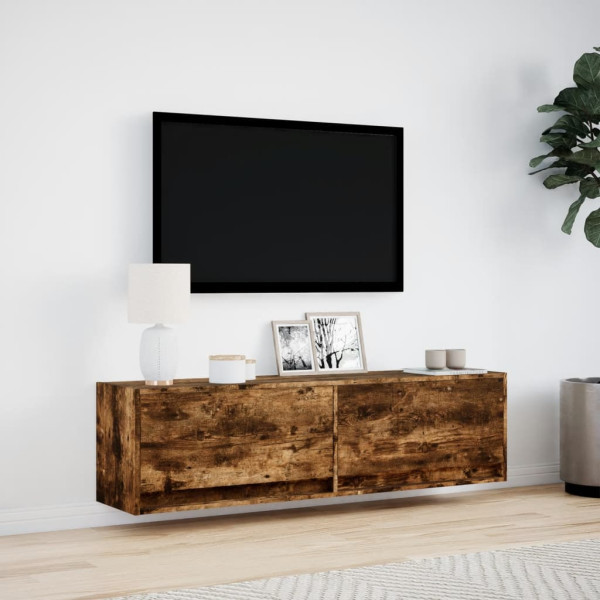 Mueble de TV de pared con luces LED roble ahumado 140x31x38 cm M 4