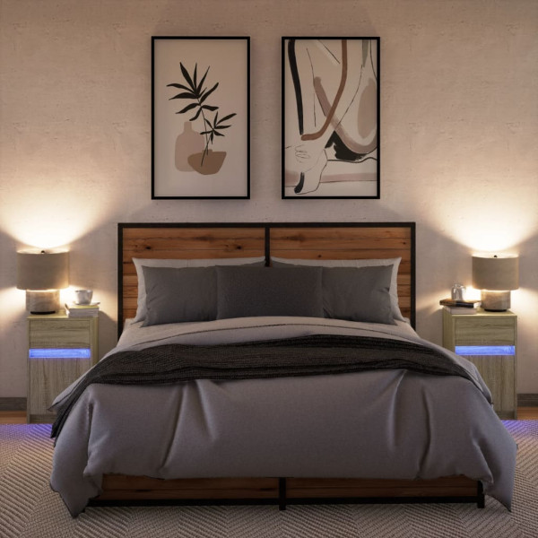 Mesas cabeceira c/ LEDs 2 pcs derivados madeira carvalho sonoma M 4