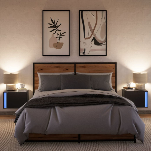 Mesas de cabeceira de parede com luzes LED 2 pcs preto M 5