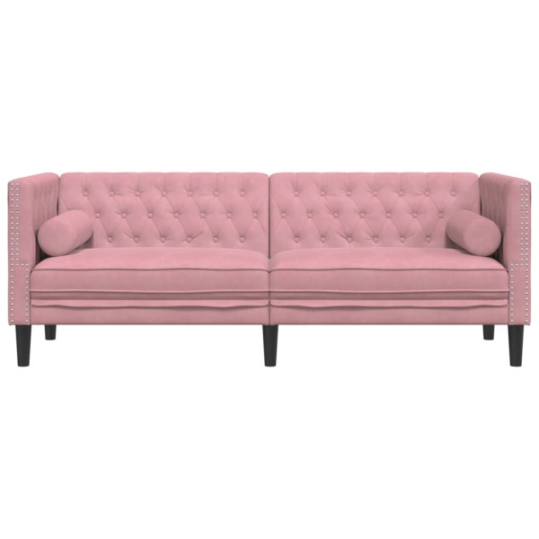 Sofá chesterfield com rolos 3 lugares veludo rosa M 4