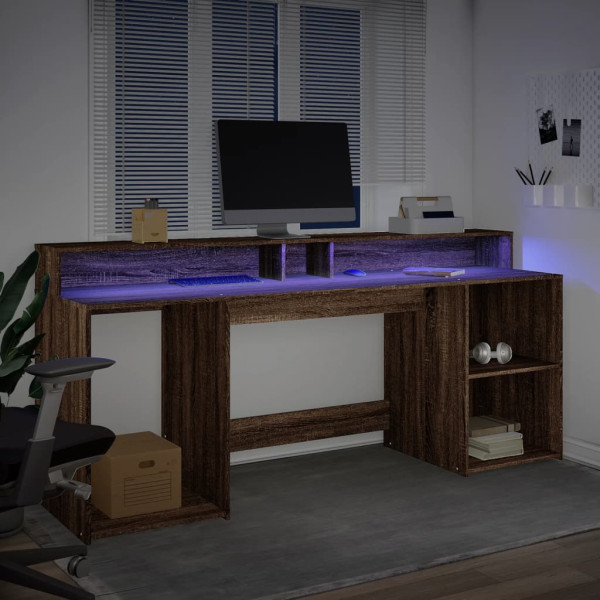 Escritorio con LED madera ingeniería marrón roble 200x55x91 cm M 5