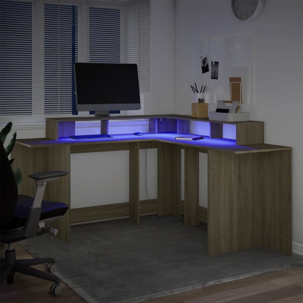 Escritorio con LED madera ingeniería roble Sonoma 152x152x91 cm M 5