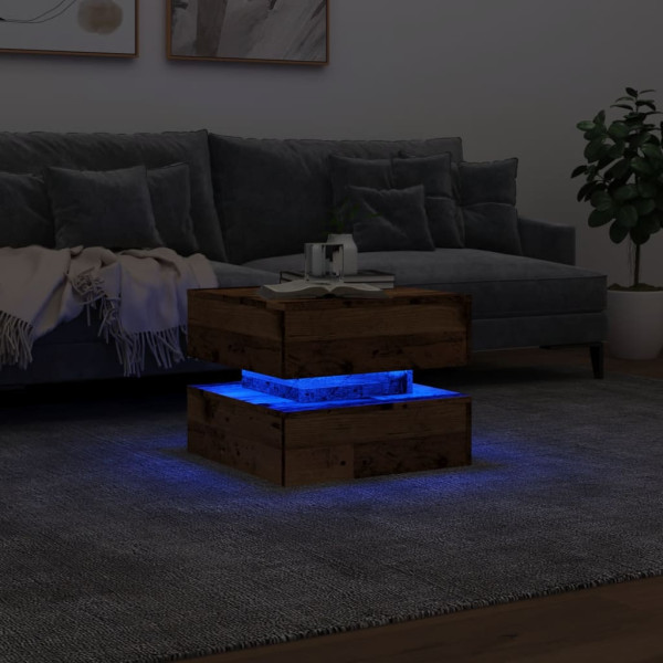 Mesa de centro con luces LED madera envejecida 50x50x40 cm M 5