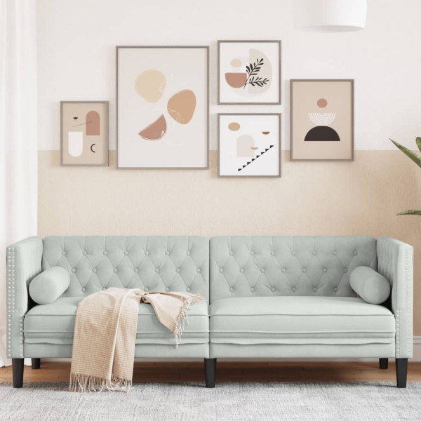 Sofá Chesterfield 3 plazas con cojines terciopelo gris claro M 4