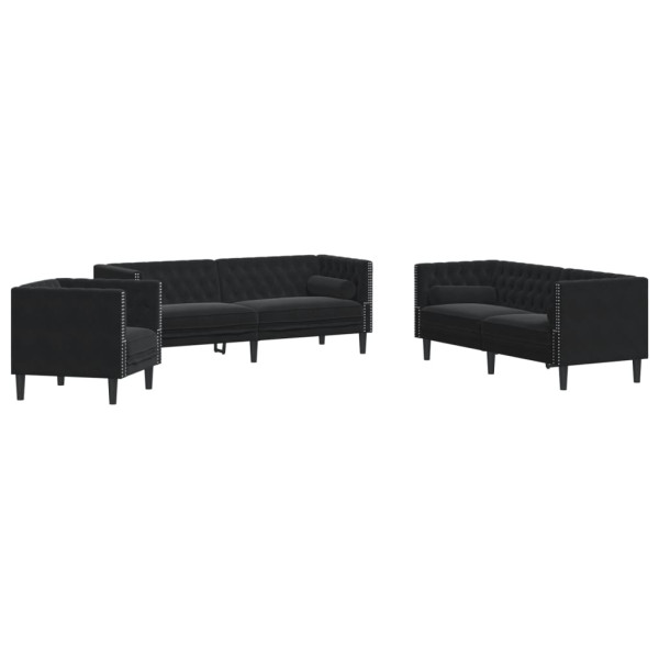 Set de sofás Chesterfield con cojines 3 piezas terciopelo negro M 2