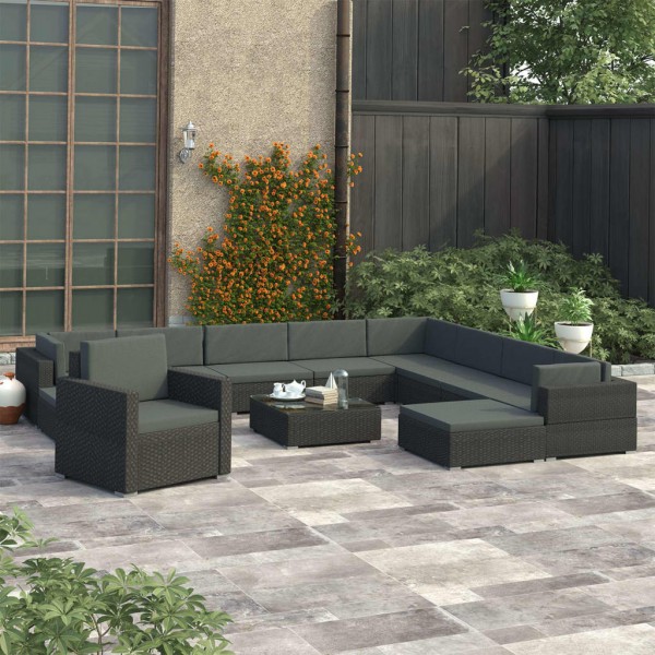 Set muebles de jardín y cojines 12 pzas ratán sintético negro D