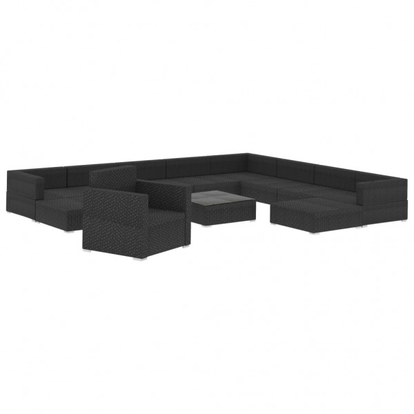 12 pcs conjunto lounge de jardim c/ almofadões vime PE preto M 3