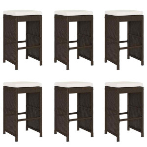 Bancos de bar para jardim com almofadões 6 pcs vime PE castanho H