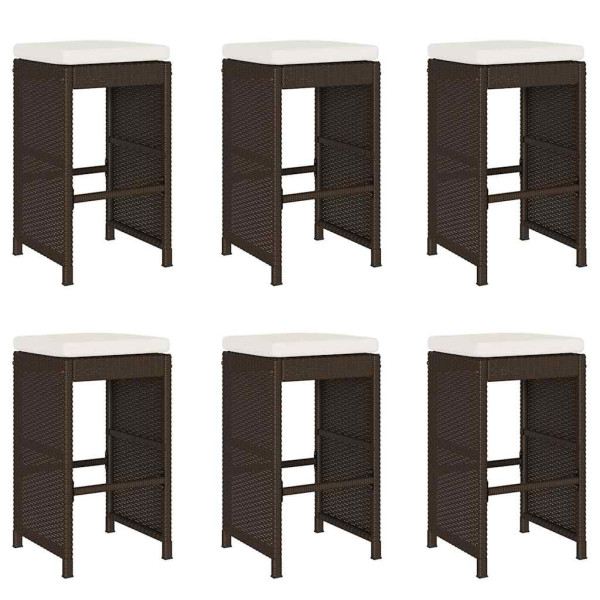 Bancos de bar para jardim com almofadões 6 pcs vime PE castanho M 2
