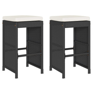 Bancos de bar com almofadões para jardim 2 pcs vime PE preto H