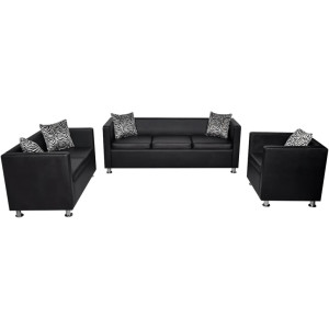Conjunto de sofás de 2 y 3 plazas y sillón de cuero artificial negro H