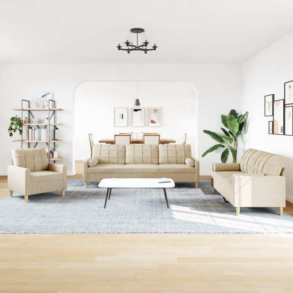 3pcs conjunto de sofás c/ almofadas decorativas tecido creme M 3