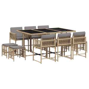 Set comedor de jardín 11 pzas con cojines ratán sintético beige H