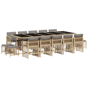 Set comedor de jardín con cojines 15 pzas ratán sintético beige H