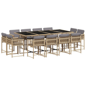 Set comedor de jardín con cojines 13 pzas ratán sintético beige H