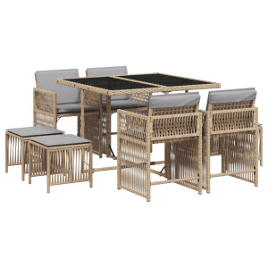 Set comedor de jardín 9 pzas con cojines ratán sintético beige H