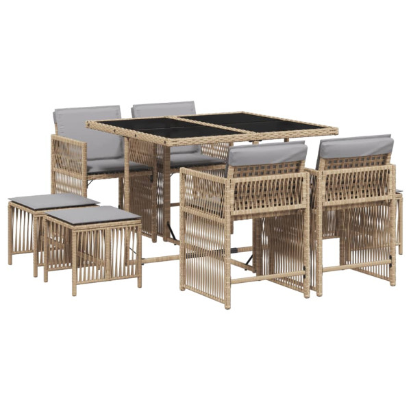 Set comedor de jardín 9 pzas con cojines ratán sintético beige M 2