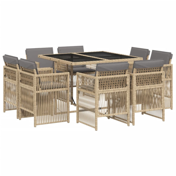 Set comedor de jardín 9 pzas con cojines ratán sintético beige M 2