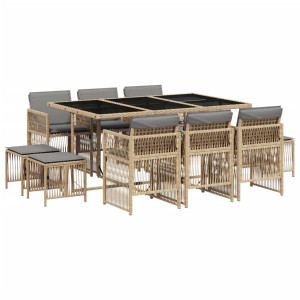 Set comedor de jardín 11 pzas con cojines ratán sintético beige H