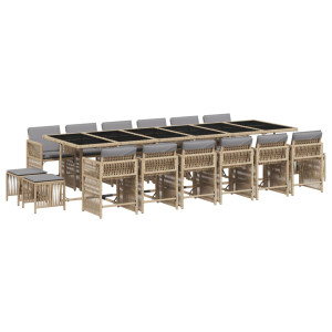Set comedor de jardín 17 pzas con cojines ratán sintético beige H