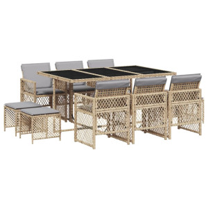 Set comedor de jardín 11 pzas con cojines ratán sintético beige H